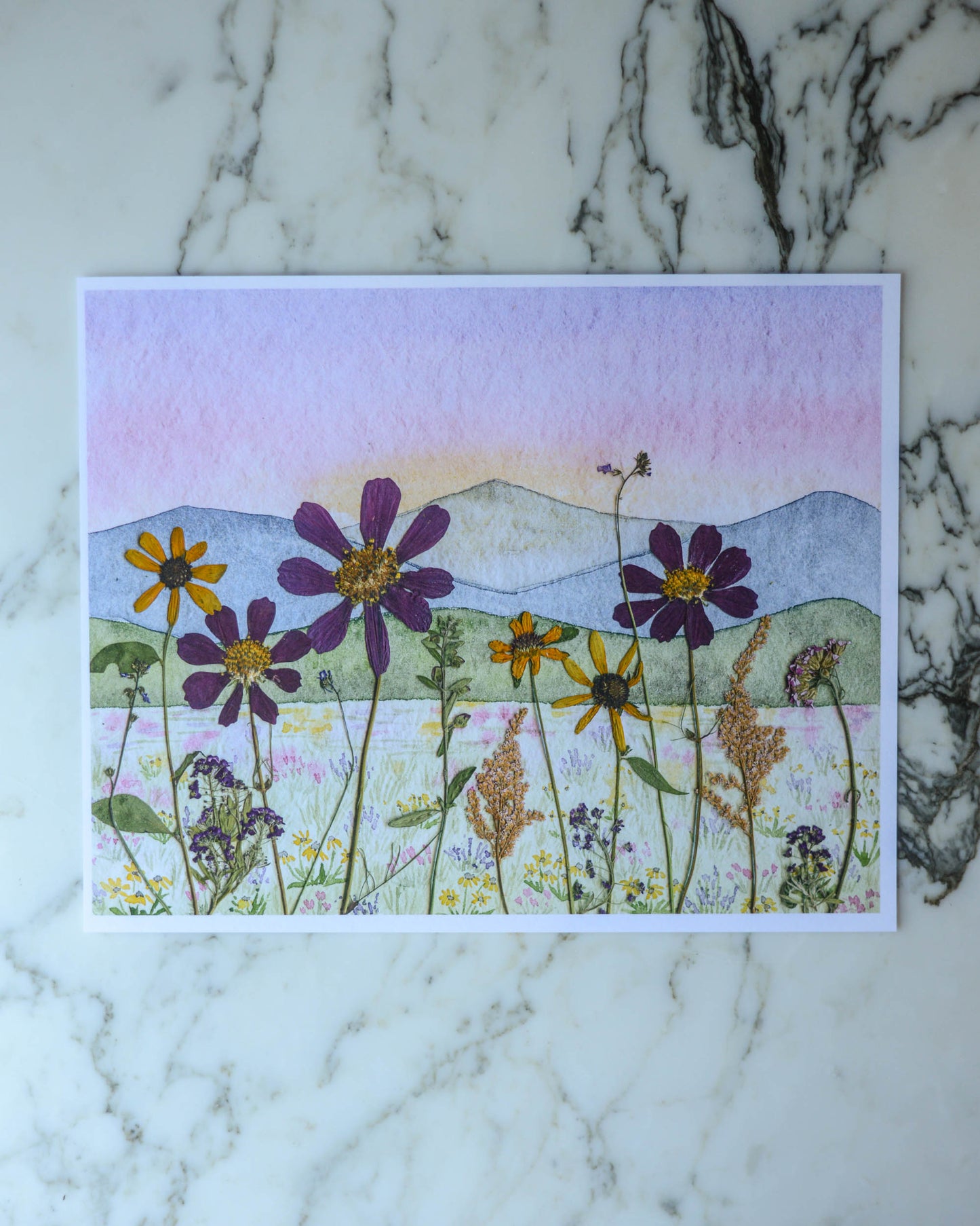 Four Seasons Mountains  - Watercolor Flowerscape Print artwork