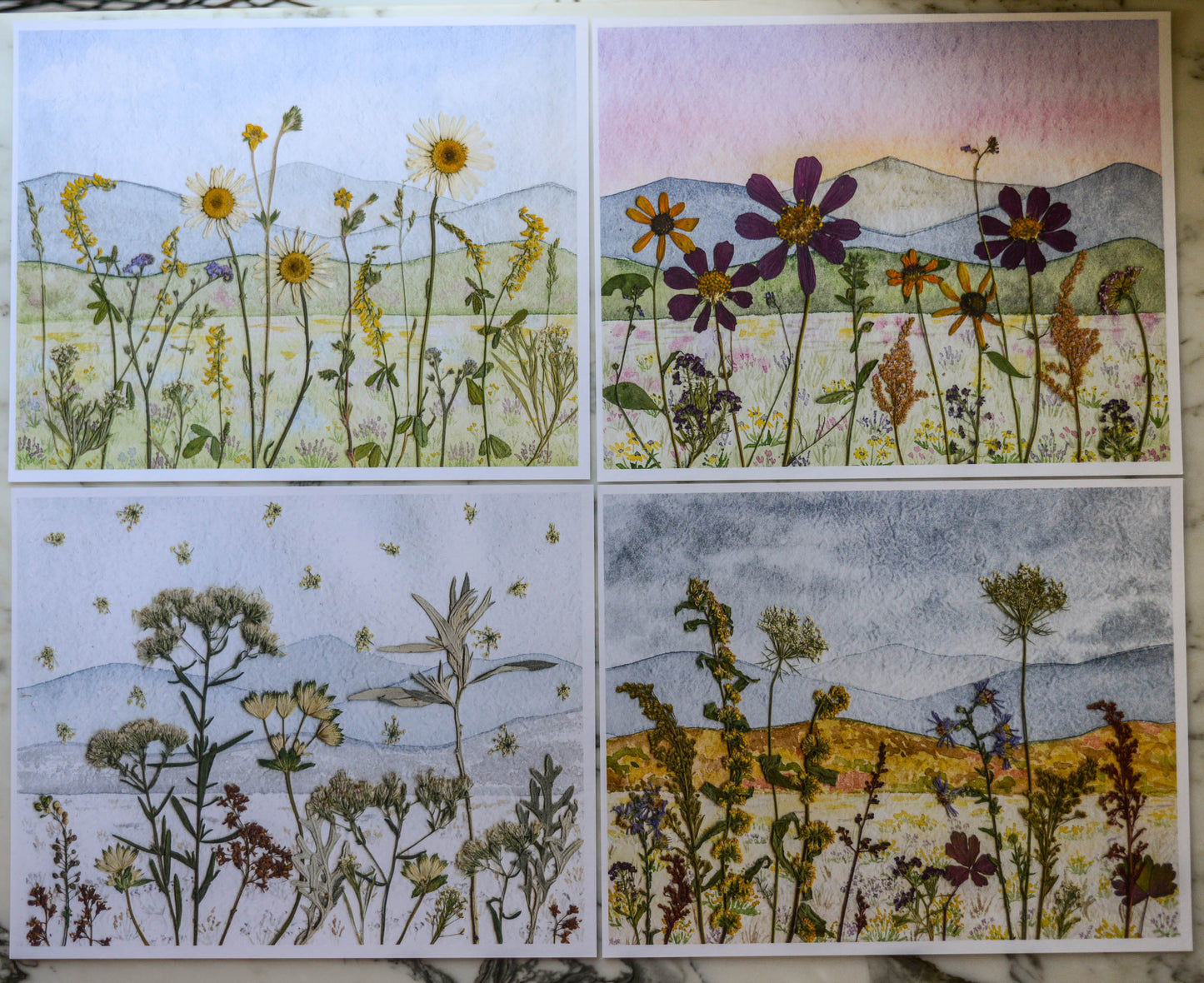Four Seasons Mountains  - Watercolor Flowerscape Print artwork