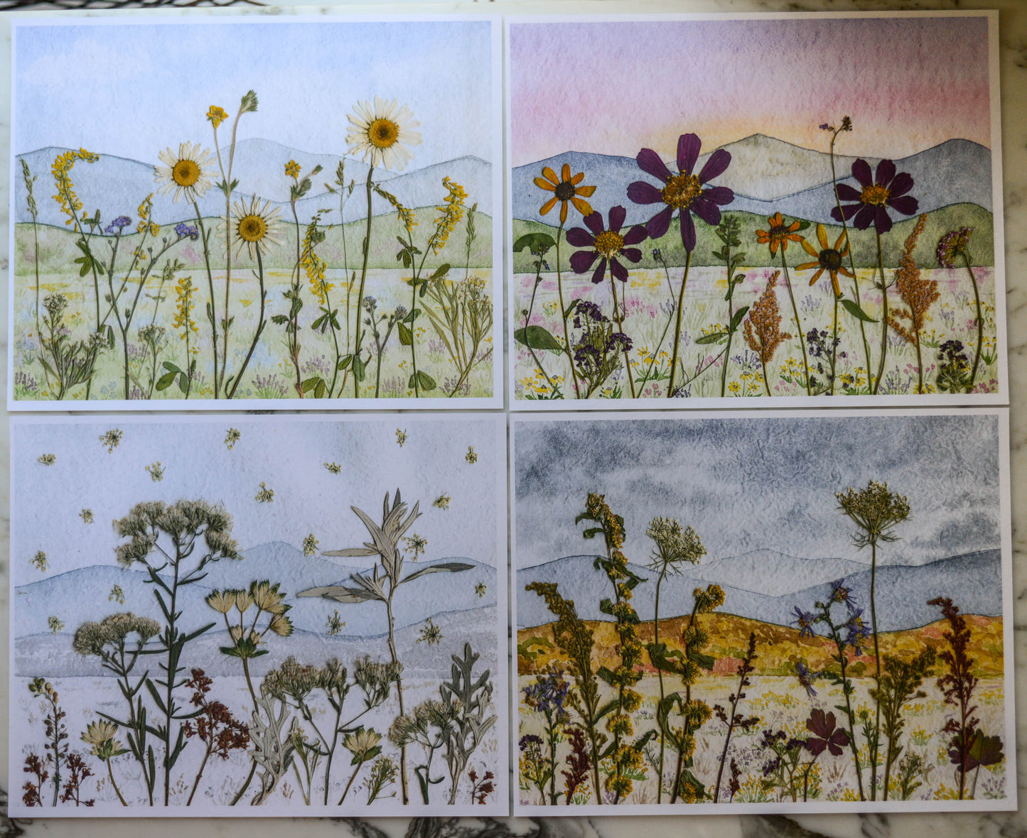 Four Seasons Mountains - Watercolor Flowerscape Print artwork