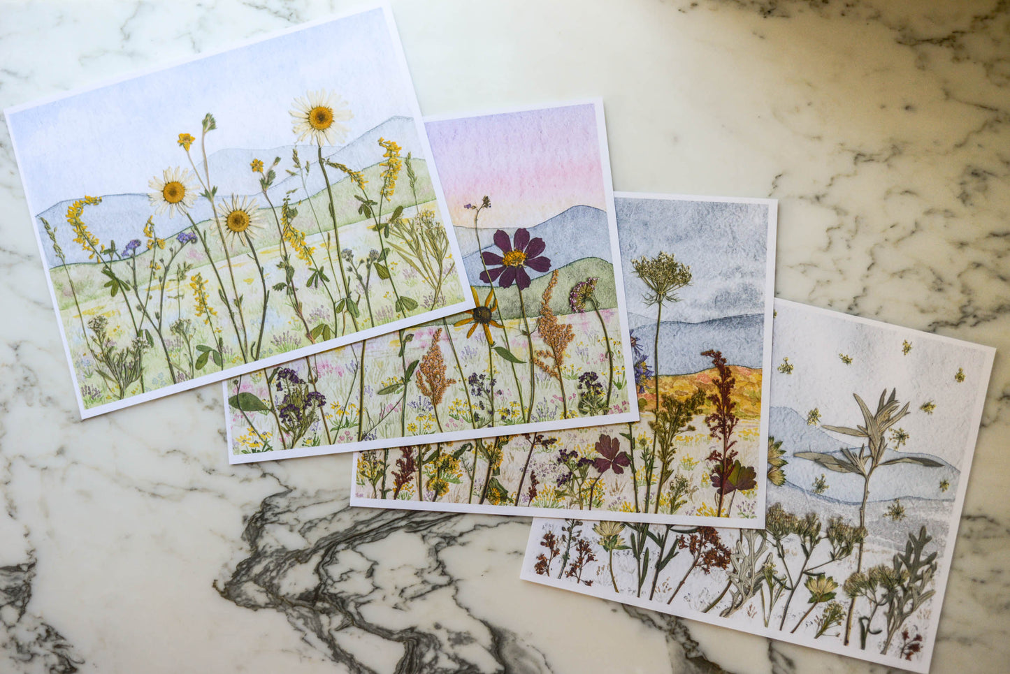 Four Seasons Mountains  - Watercolor Flowerscape Print artwork