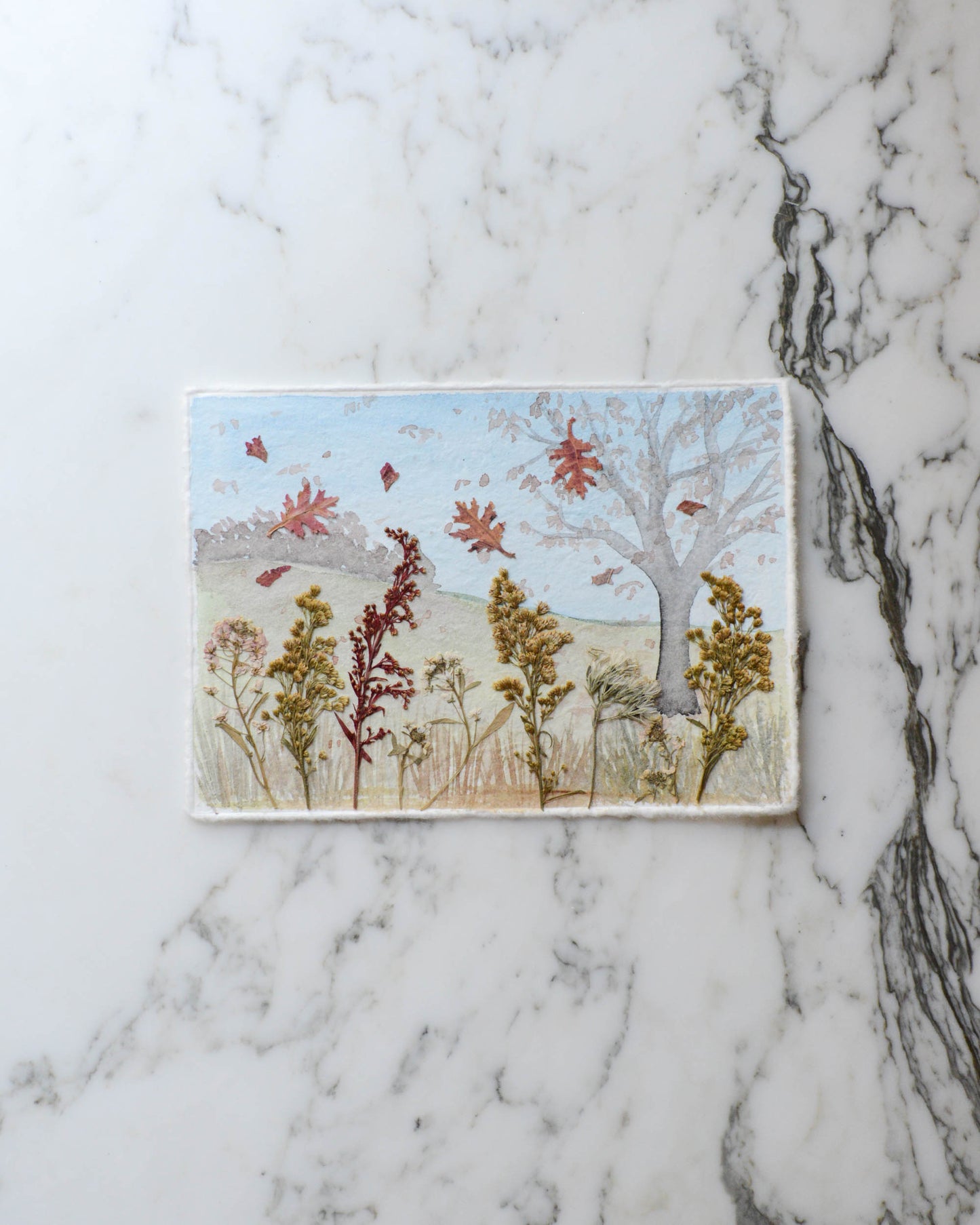 November Leaves - Original Artwork, 5x7" Watercolor and Pressed Flowers