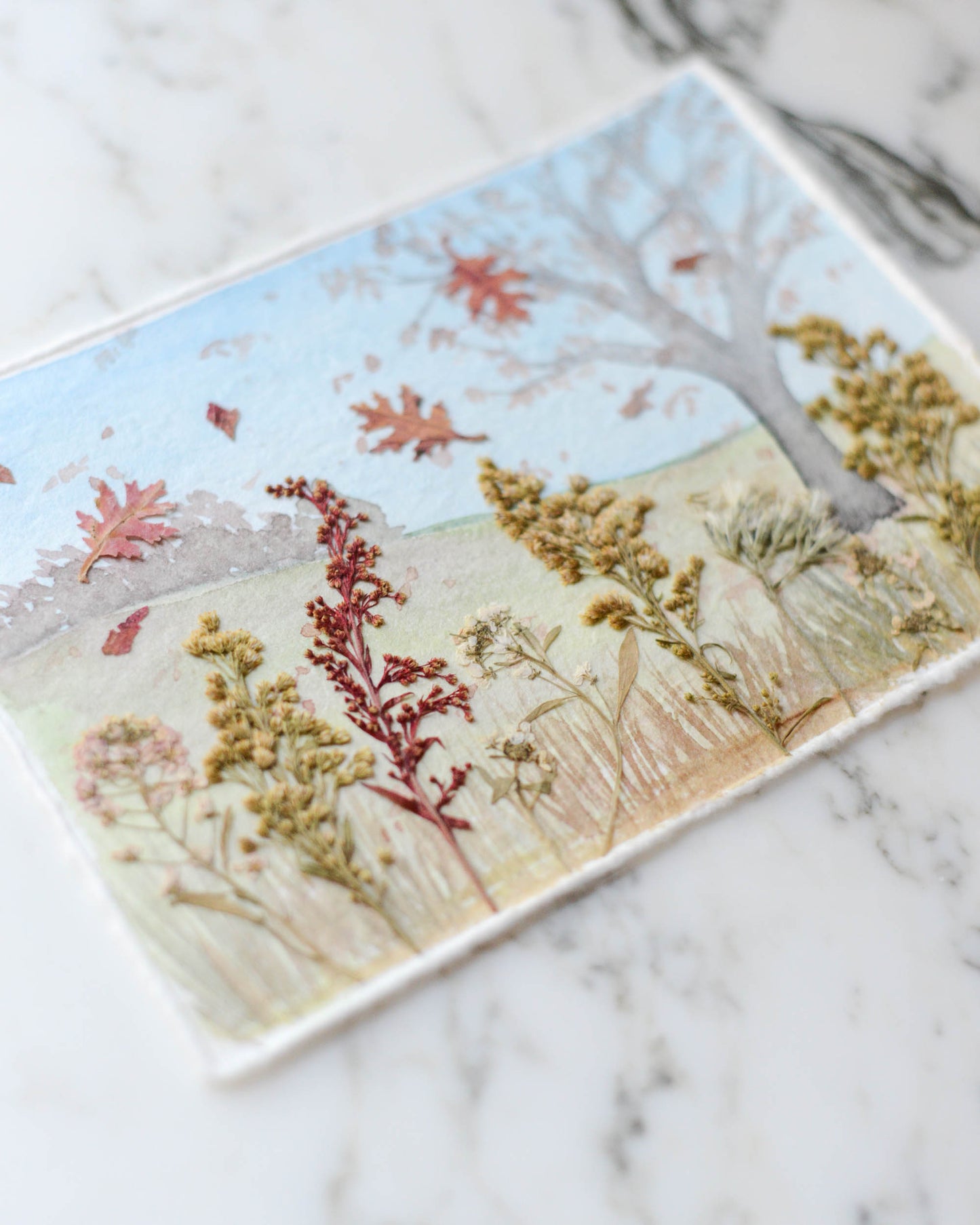 November Leaves - Original Artwork, 5x7" Watercolor and Pressed Flowers