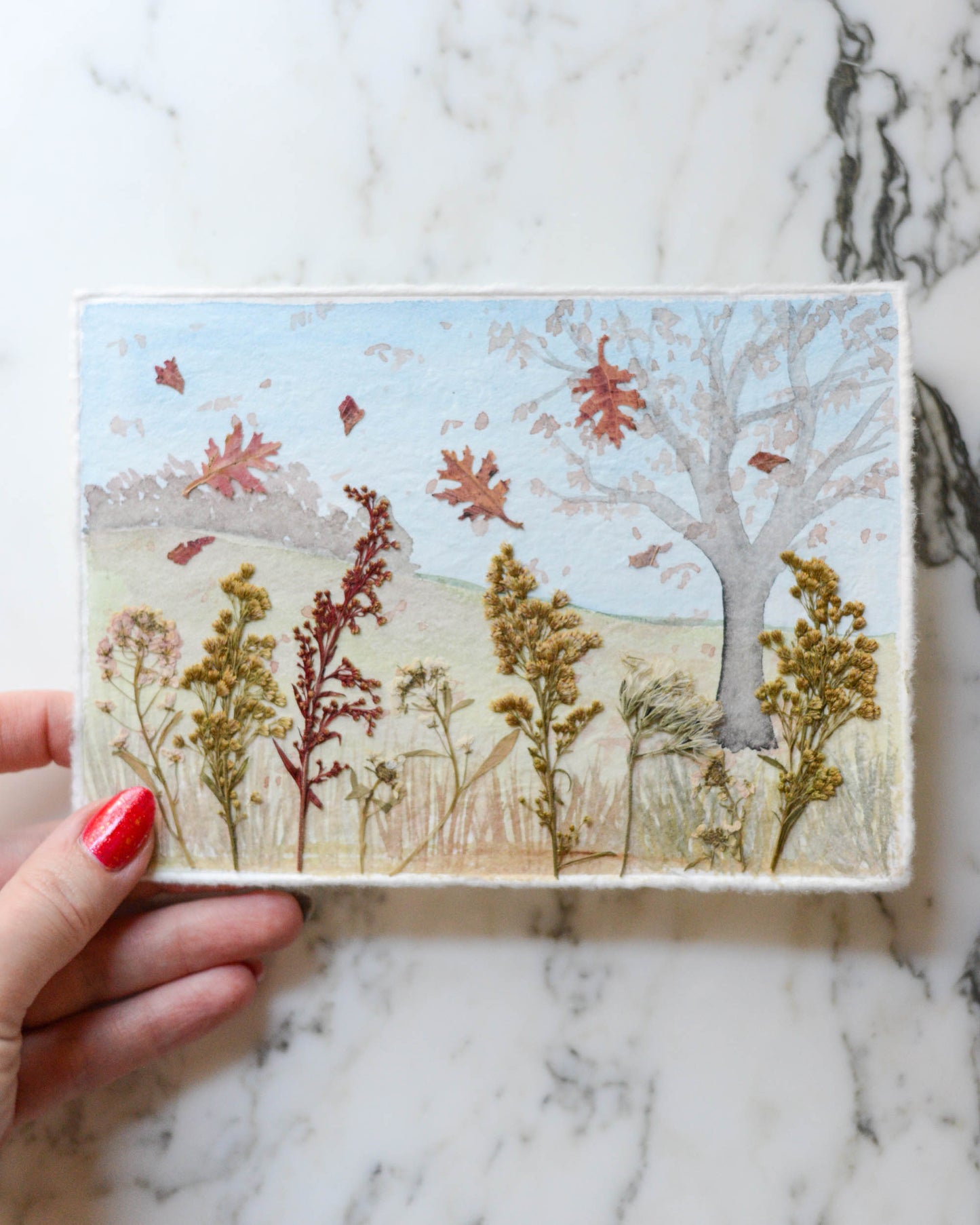 November Leaves - Original Artwork, 5x7" Watercolor and Pressed Flowers