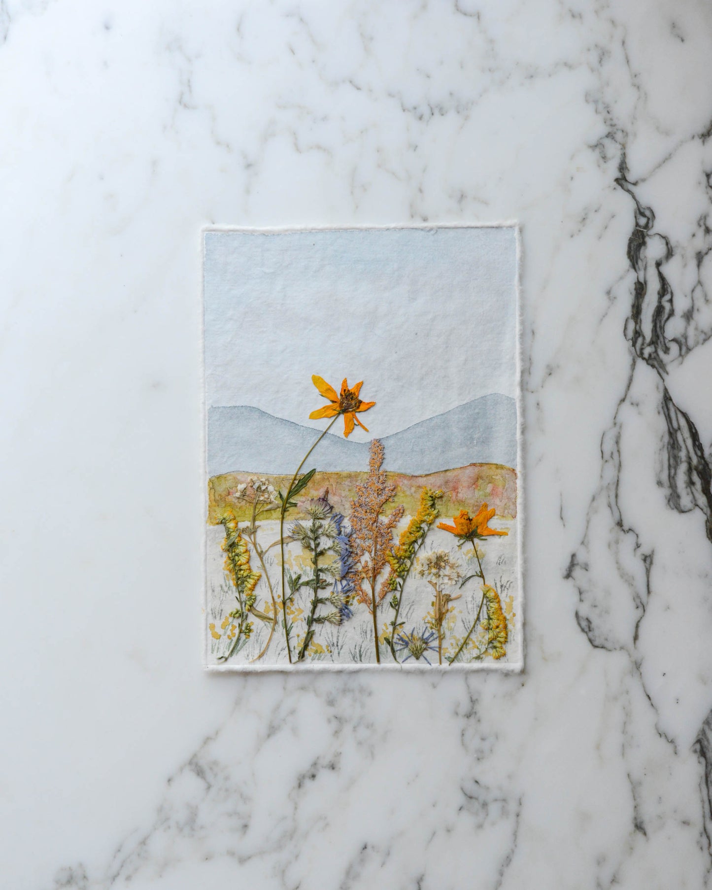 Autumn in the Mountains - Original Artwork, 5x7" Watercolor and Pressed Flowers
