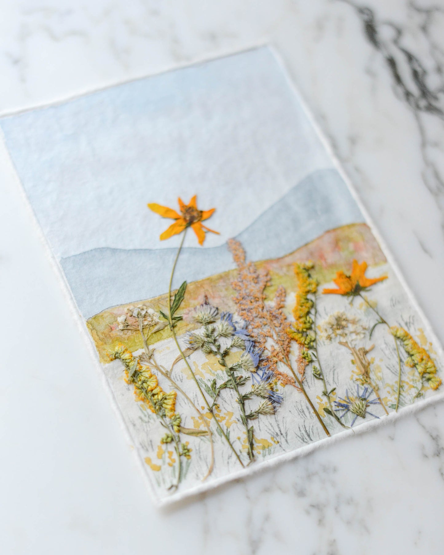 Autumn in the Mountains - Original Artwork, 5x7" Watercolor and Pressed Flowers