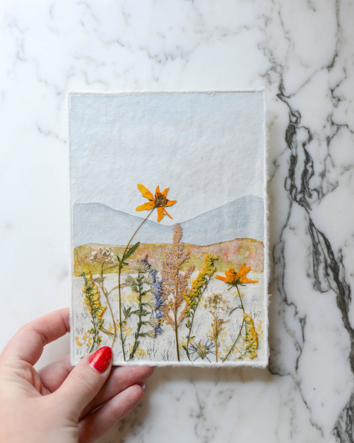 Autumn in the Mountains - Original Artwork, 5x7" Watercolor and Pressed Flowers