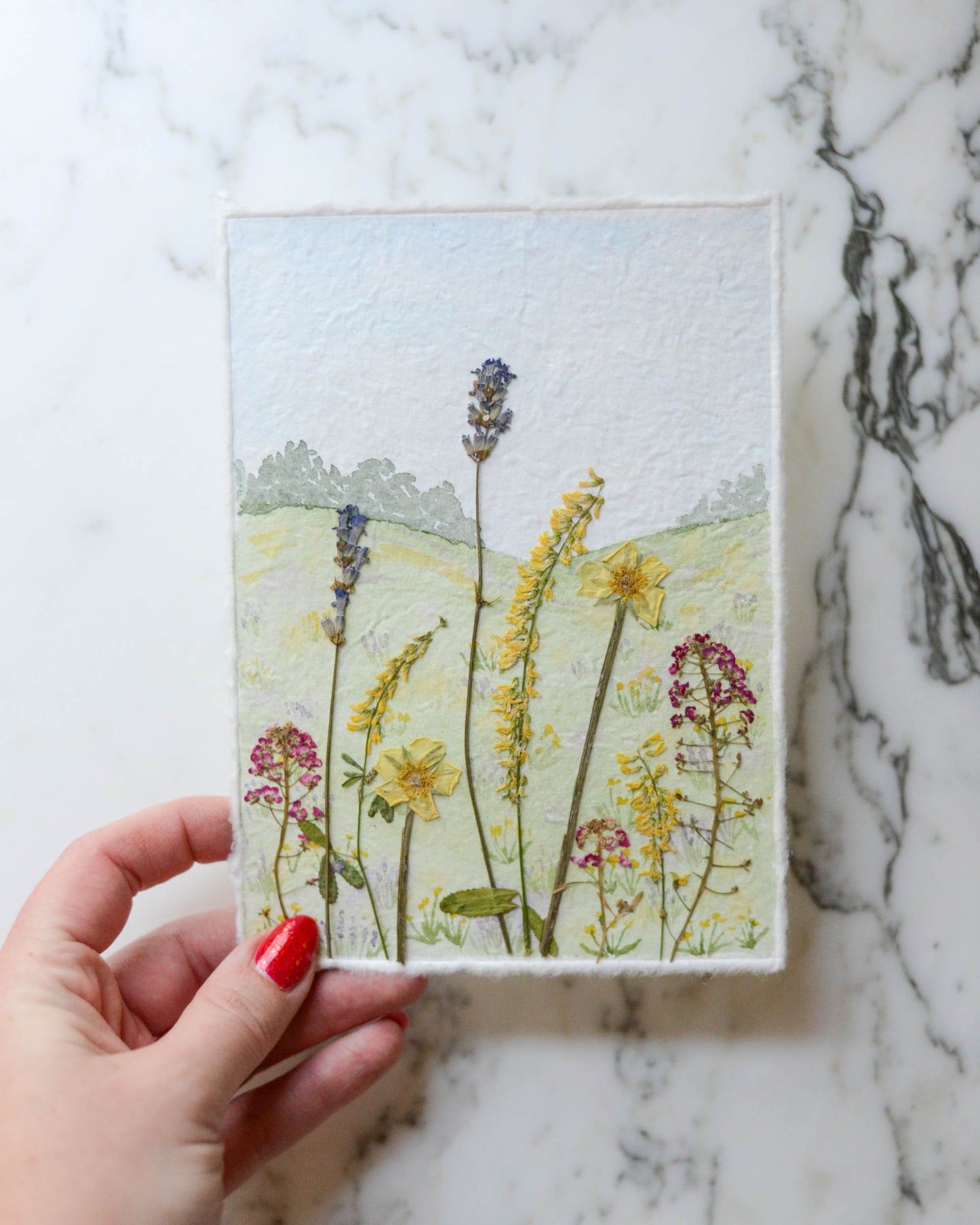 Hillside Wildflowers - Original Artwork, 5x7" Watercolor and Pressed Flowers