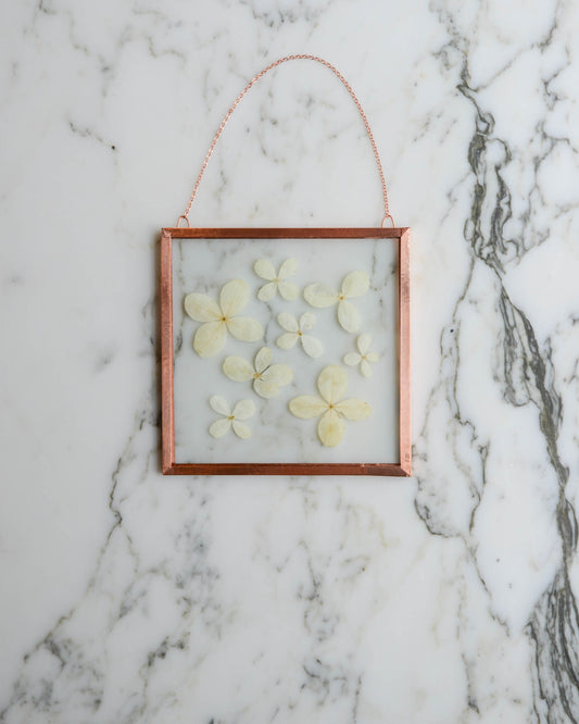 White Hydrangea - Medium Square Glass and Copper Wall Hanging