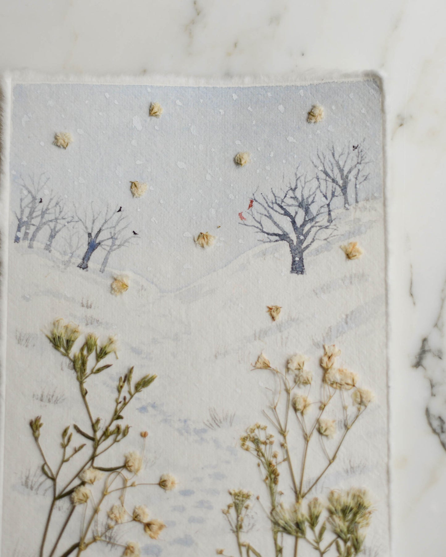 Snow Day: Winter Walk - Original Artwork, 5x7" Watercolor and Pressed Flowers
