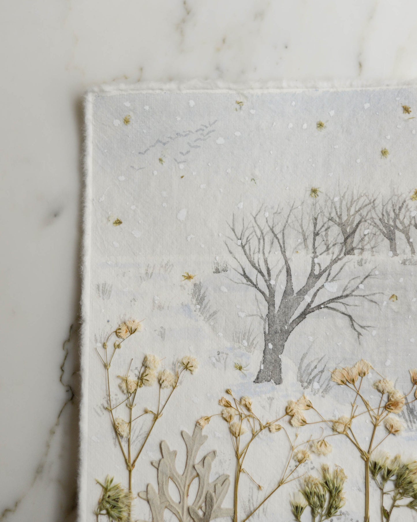 Snow Day: Frozen Pond - Original Artwork, 5x7" Watercolor and Pressed Flowers
