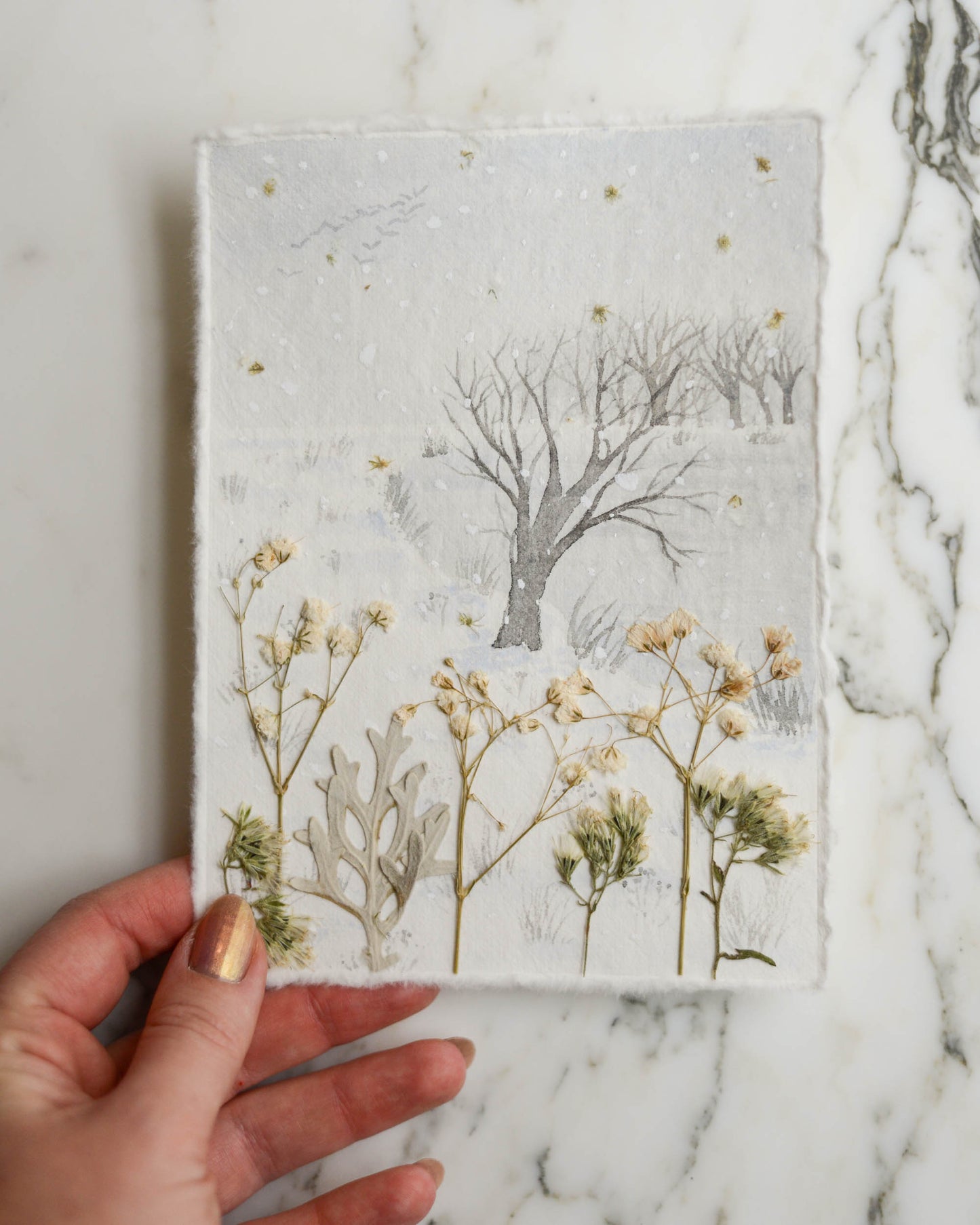 Snow Day: Frozen Pond - Original Artwork, 5x7" Watercolor and Pressed Flowers