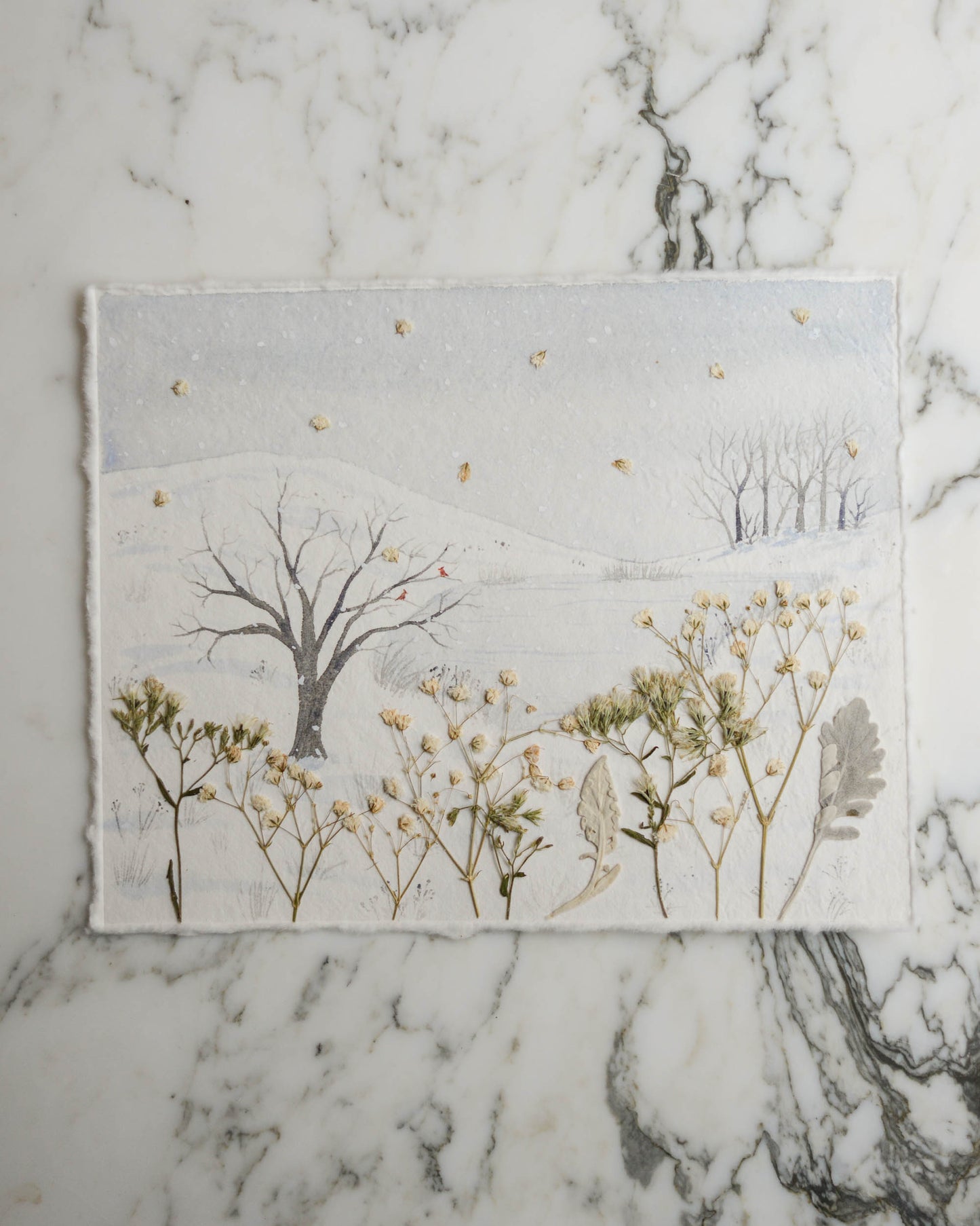 Snow Day - Original Artwork, 8x10" Watercolor and Pressed Flowers