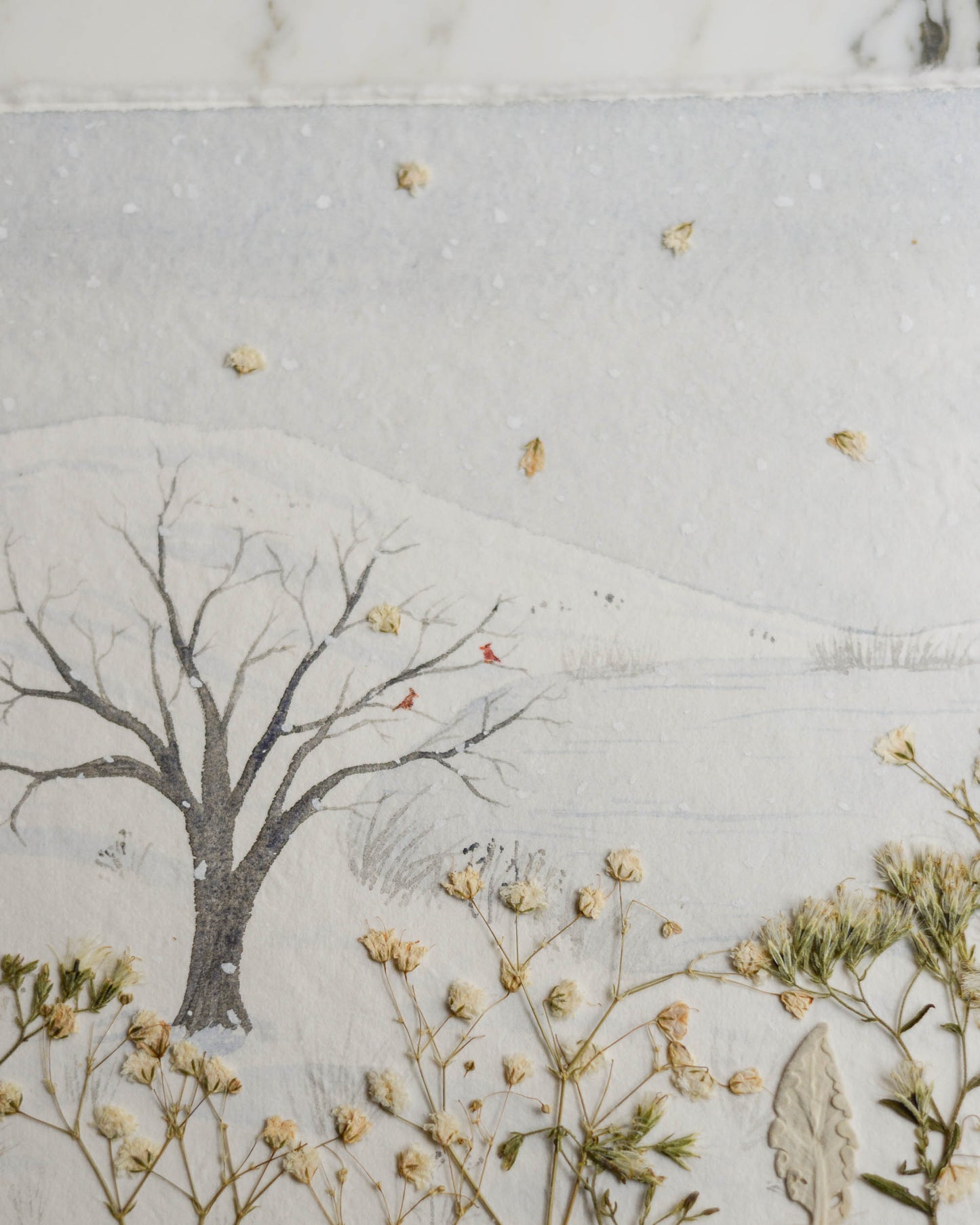 Snow Day - Original Artwork, 8x10" Watercolor and Pressed Flowers