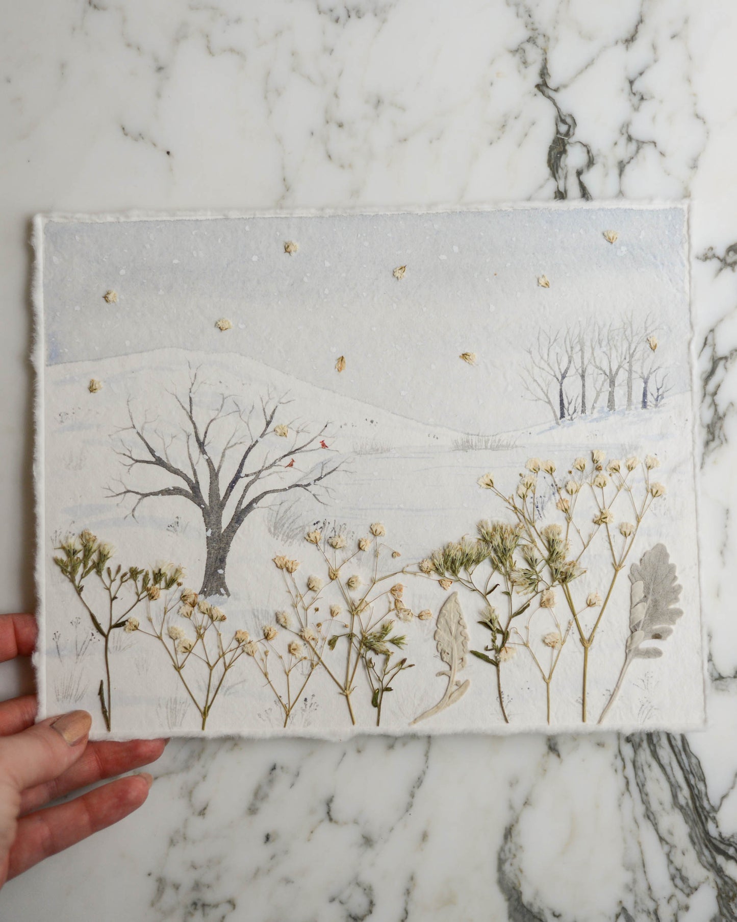 Snow Day - Original Artwork, 8x10" Watercolor and Pressed Flowers