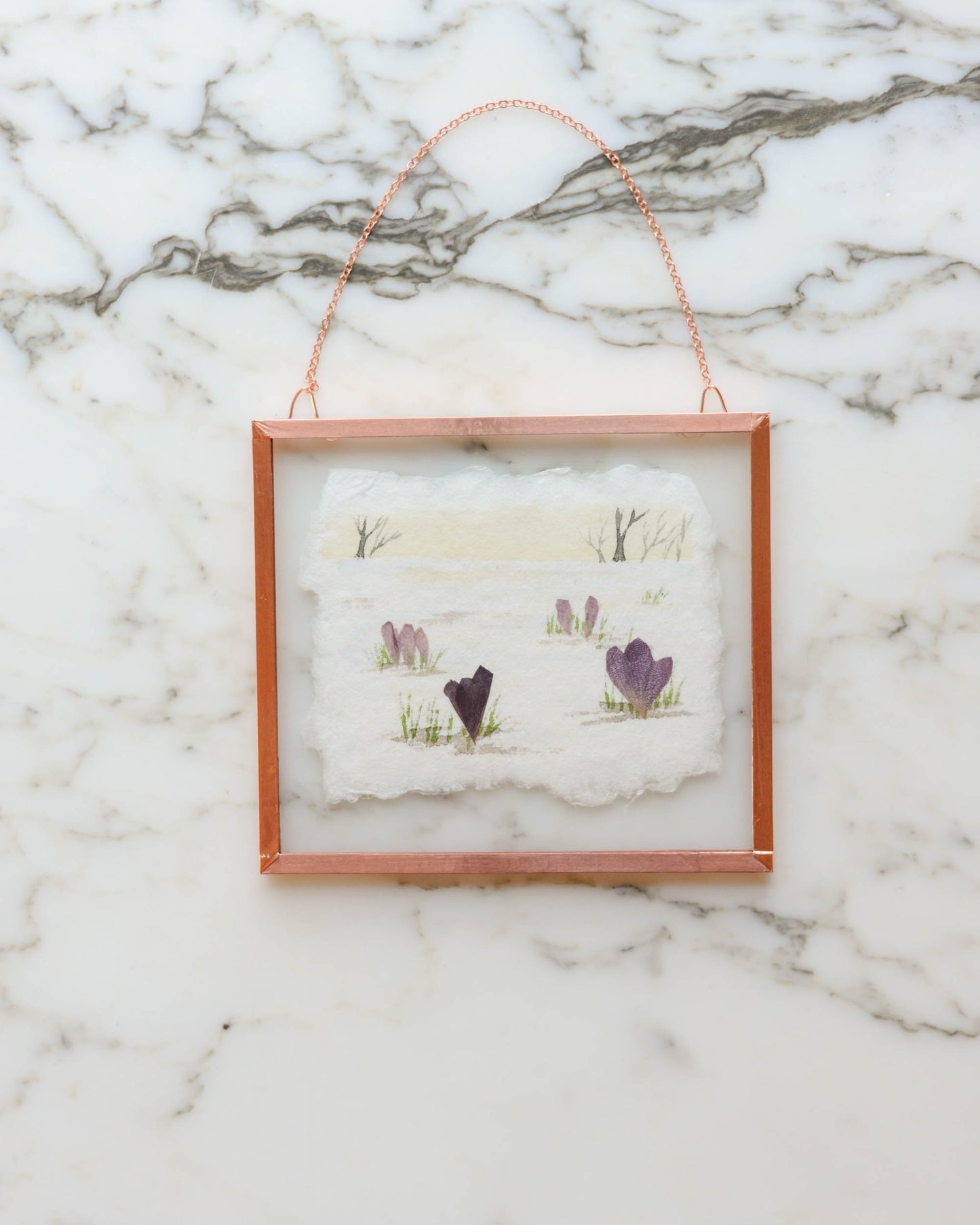 Harbingers: Crocus at Dawn - Watercolor in Small Glass and Copper Wall Hanging