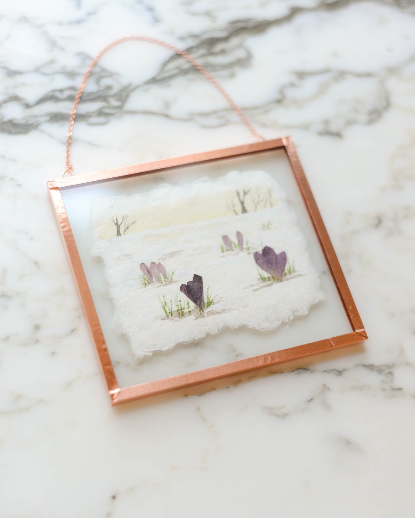 Harbingers: Crocus at Dawn - Watercolor in Small Glass and Copper Wall Hanging