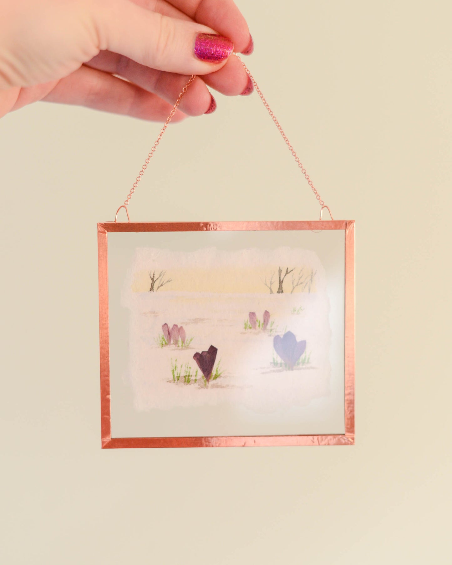 Harbingers: Crocus at Dawn - Watercolor in Small Glass and Copper Wall Hanging