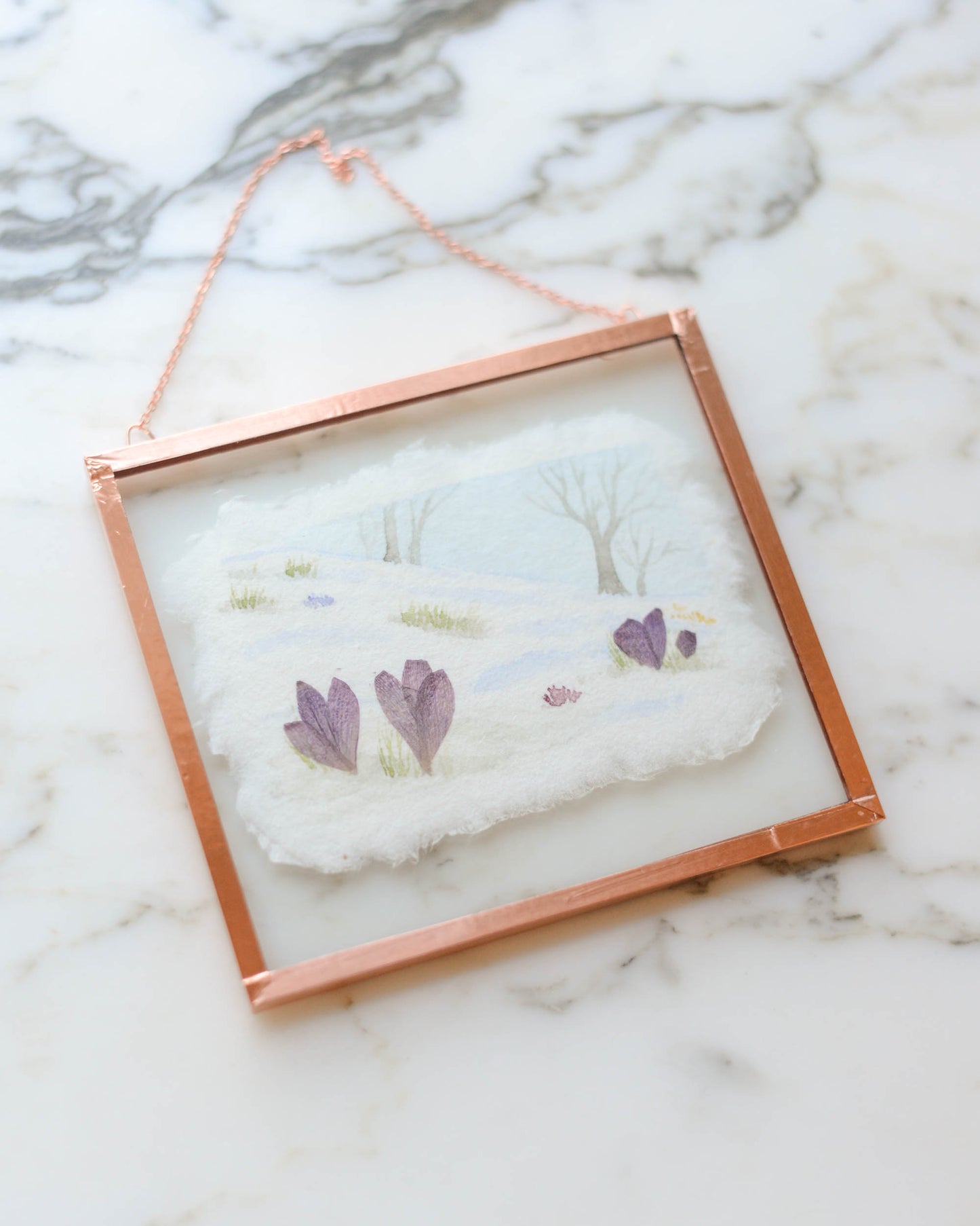 Harbingers: Snowy Meadow - Watercolor in Small Glass and Copper Wall Hanging