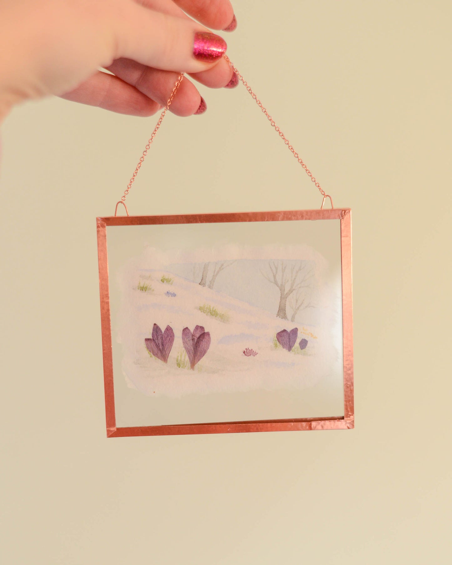 Harbingers: Snowy Meadow - Watercolor in Small Glass and Copper Wall Hanging