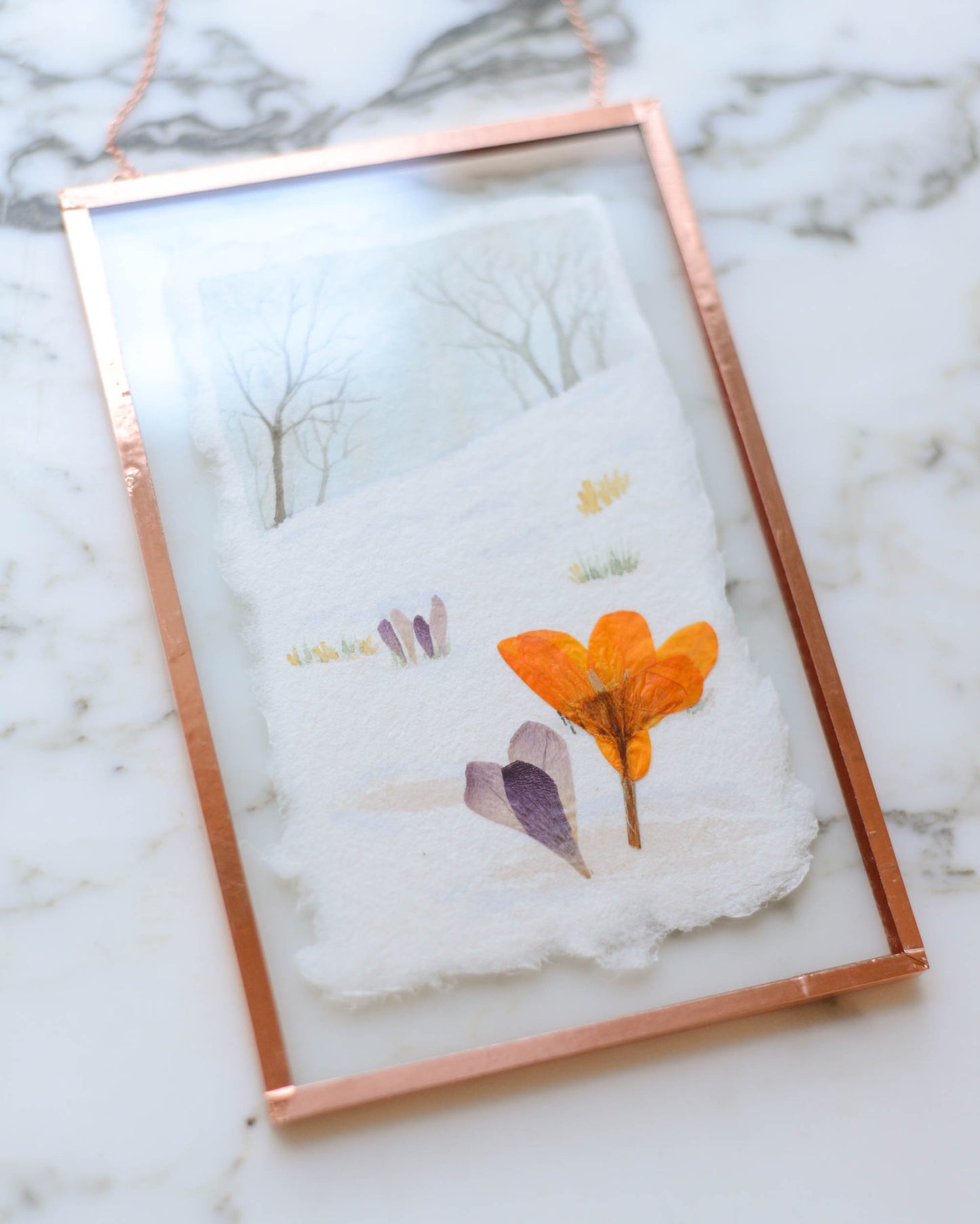 Harbingers: Crocus Hillside - Watercolor in Medium Glass and Copper Wall Hanging