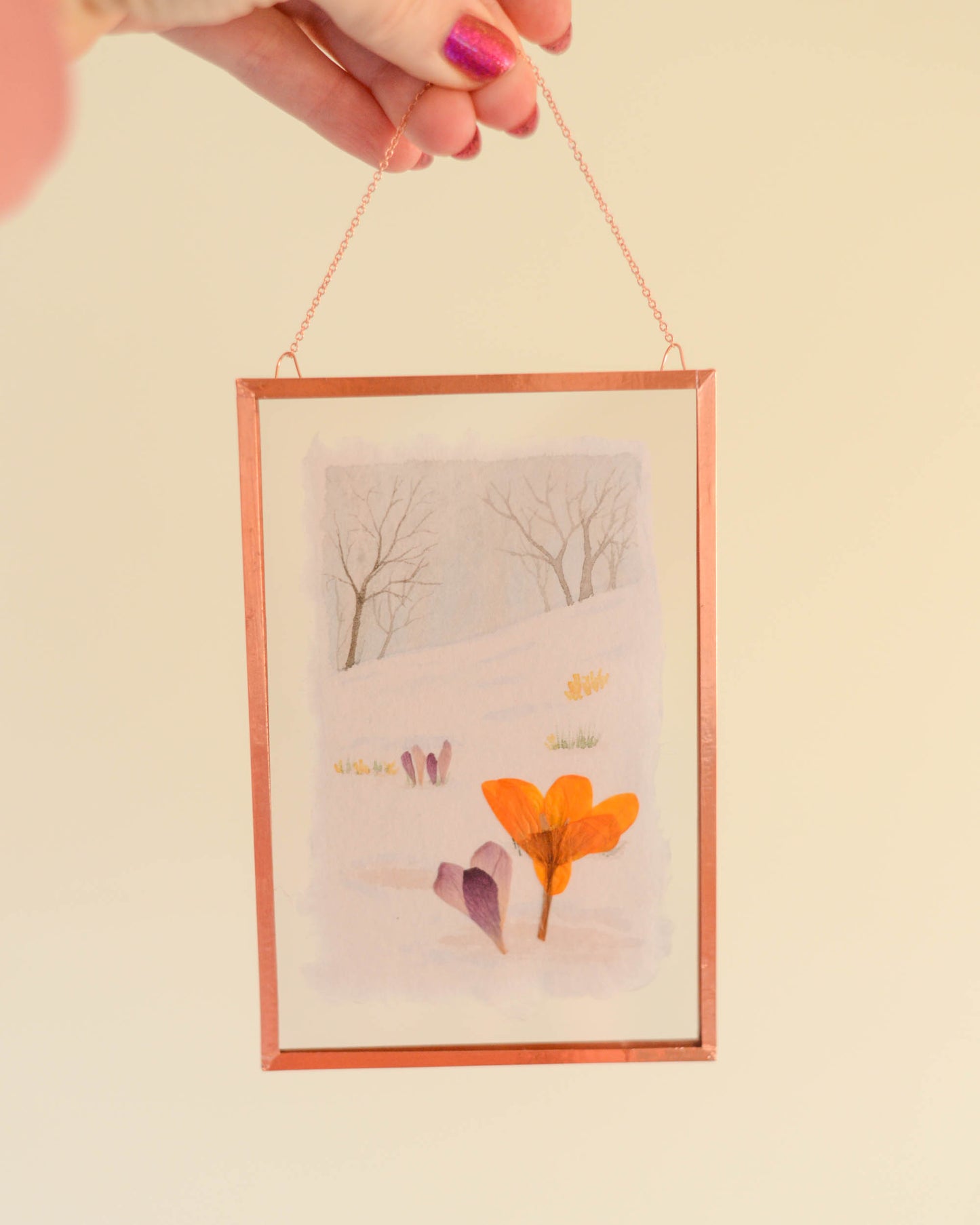 Harbingers: Crocus Hillside - Watercolor in Medium Glass and Copper Wall Hanging