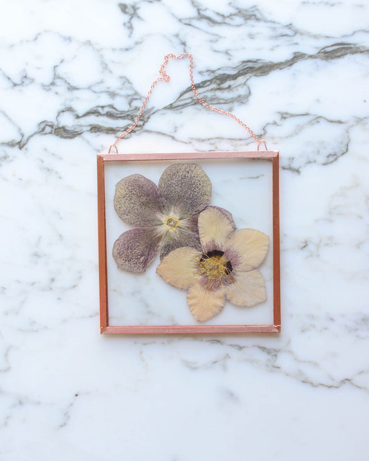 Hellebore Duo - Medium Square Glass and Copper Wall Hanging
