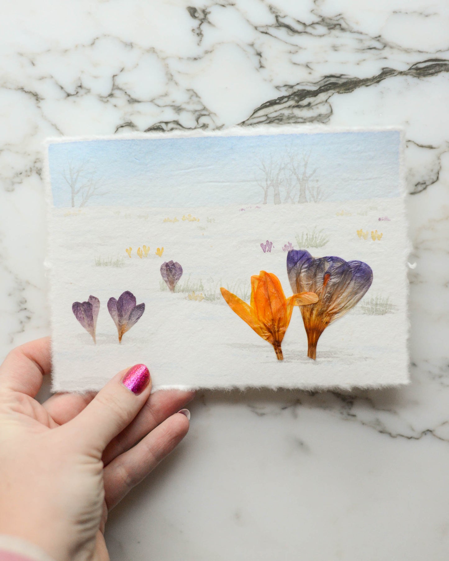 Harbingers: Crocus in the Snow - Original Artwork, 5x7" Watercolor and Pressed Flowers