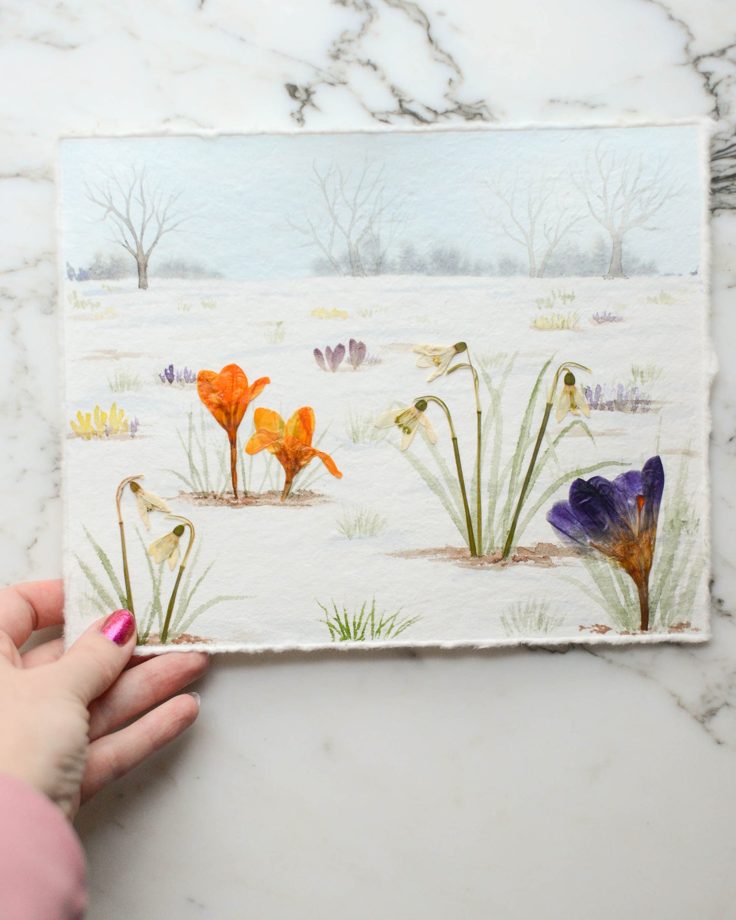 Harbingers of Spring - Original Artwork, 8x10" Watercolor and Pressed Flowers