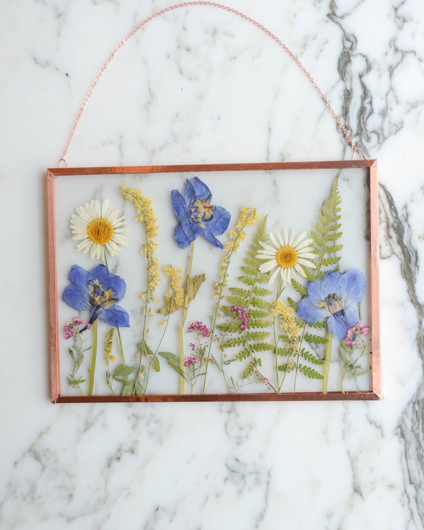 In the Meadow - Real Pressed Flowers in Medium Glass and Copper Wall Hanging