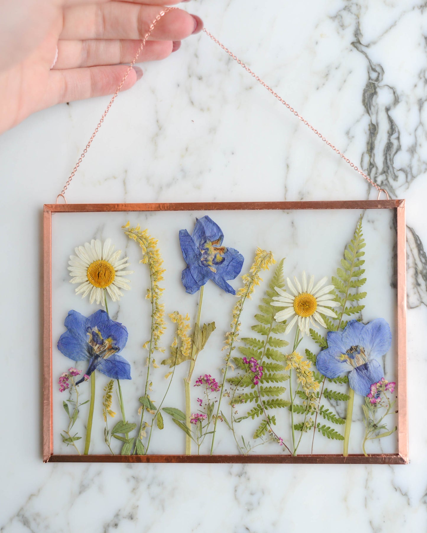 In the Meadow - Real Pressed Flowers in Medium Glass and Copper Wall Hanging