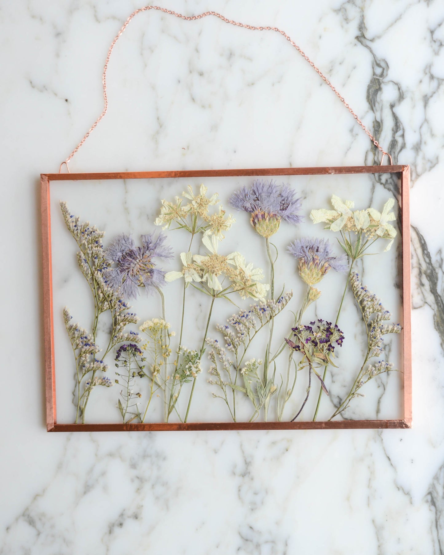 In the Meadow - Real Pressed Flowers in Medium Glass and Copper Wall Hanging