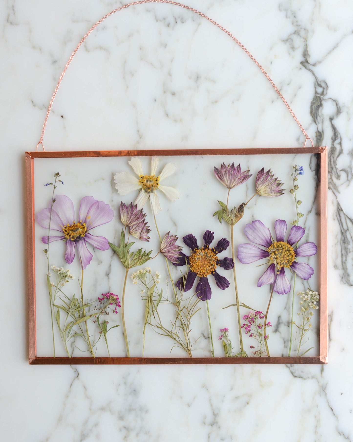 In the Meadow - Real Pressed Flowers in Medium Glass and Copper Wall Hanging