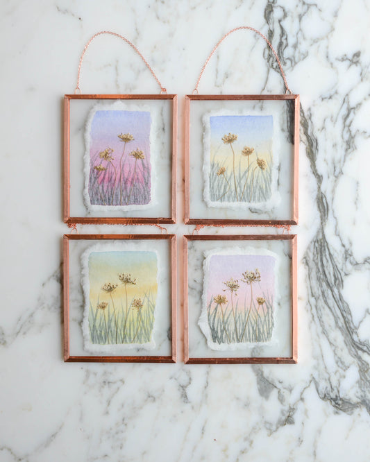 Wildflower Sky - Real Pressed Flowers Mixed Media Artwork in Medium Glass and Copper Wall Hanging