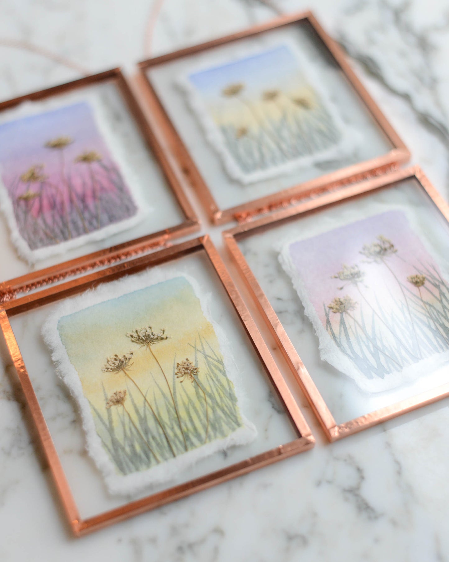 Wildflower Sky - Real Pressed Flowers Mixed Media Artwork in Medium Glass and Copper Wall Hanging
