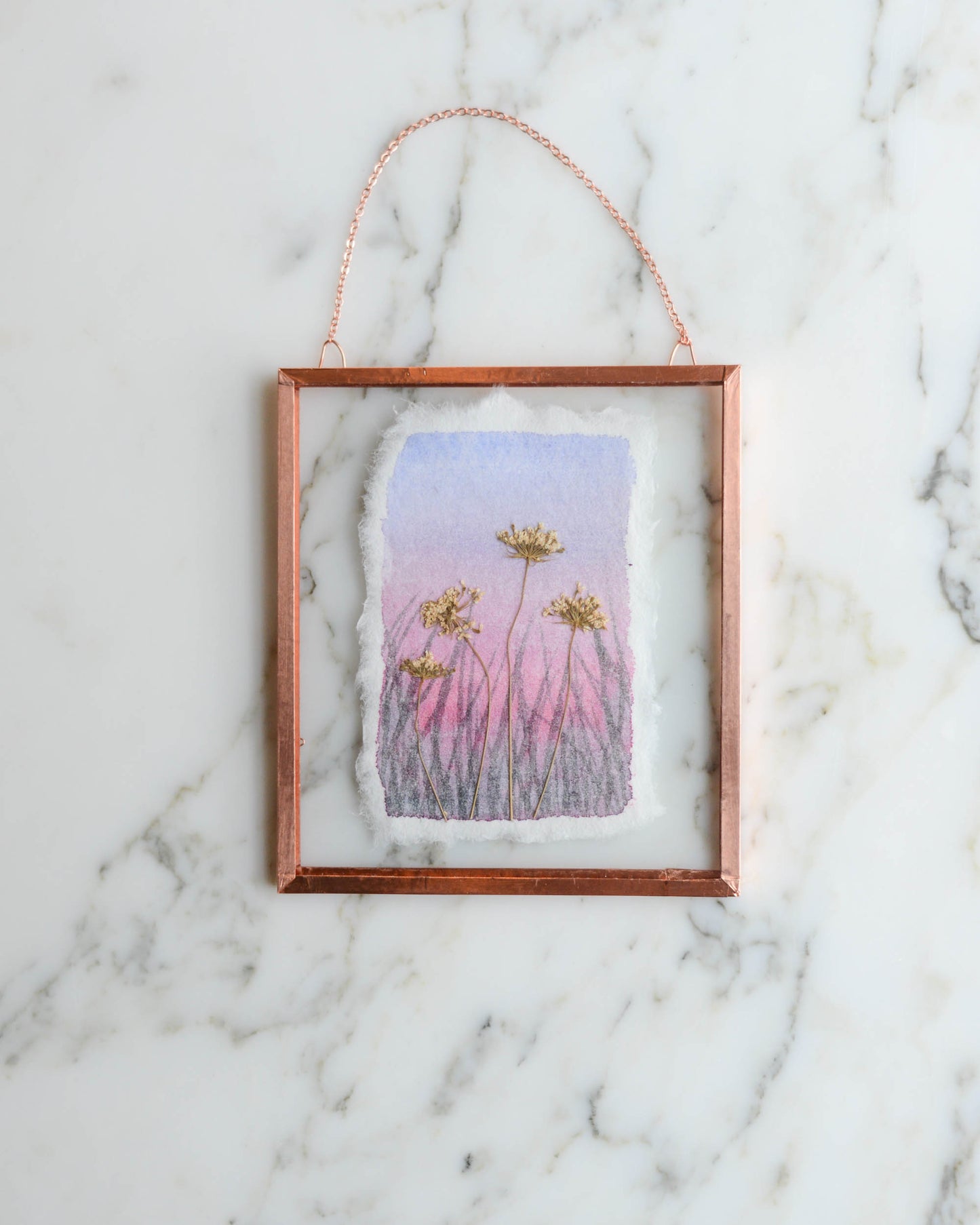 Wildflower Sky - Real Pressed Flowers Mixed Media Artwork in Medium Glass and Copper Wall Hanging