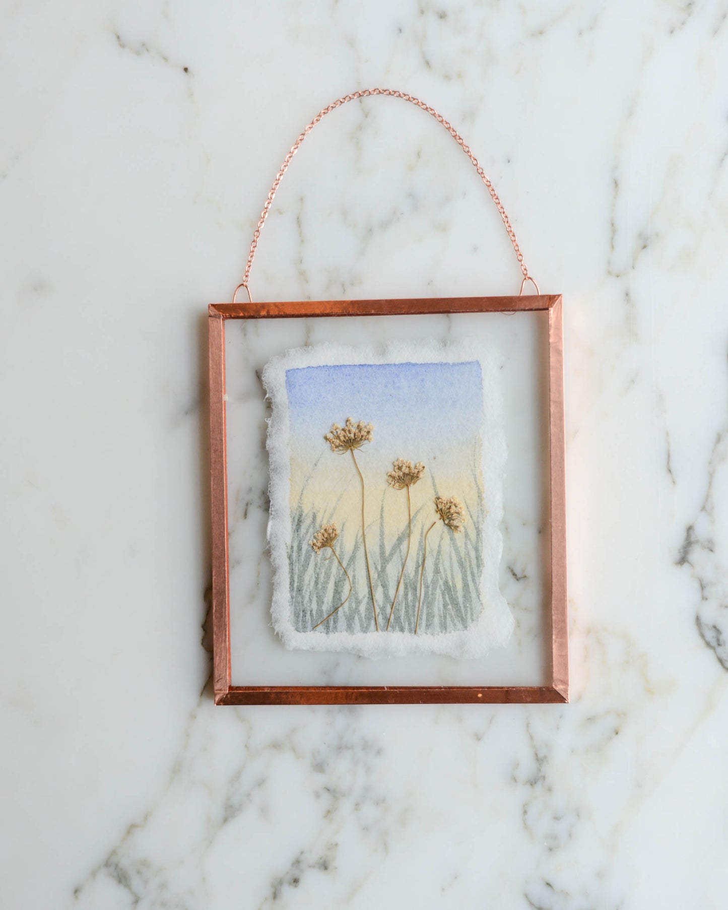 Wildflower Sky - Real Pressed Flowers Mixed Media Artwork in Medium Glass and Copper Wall Hanging