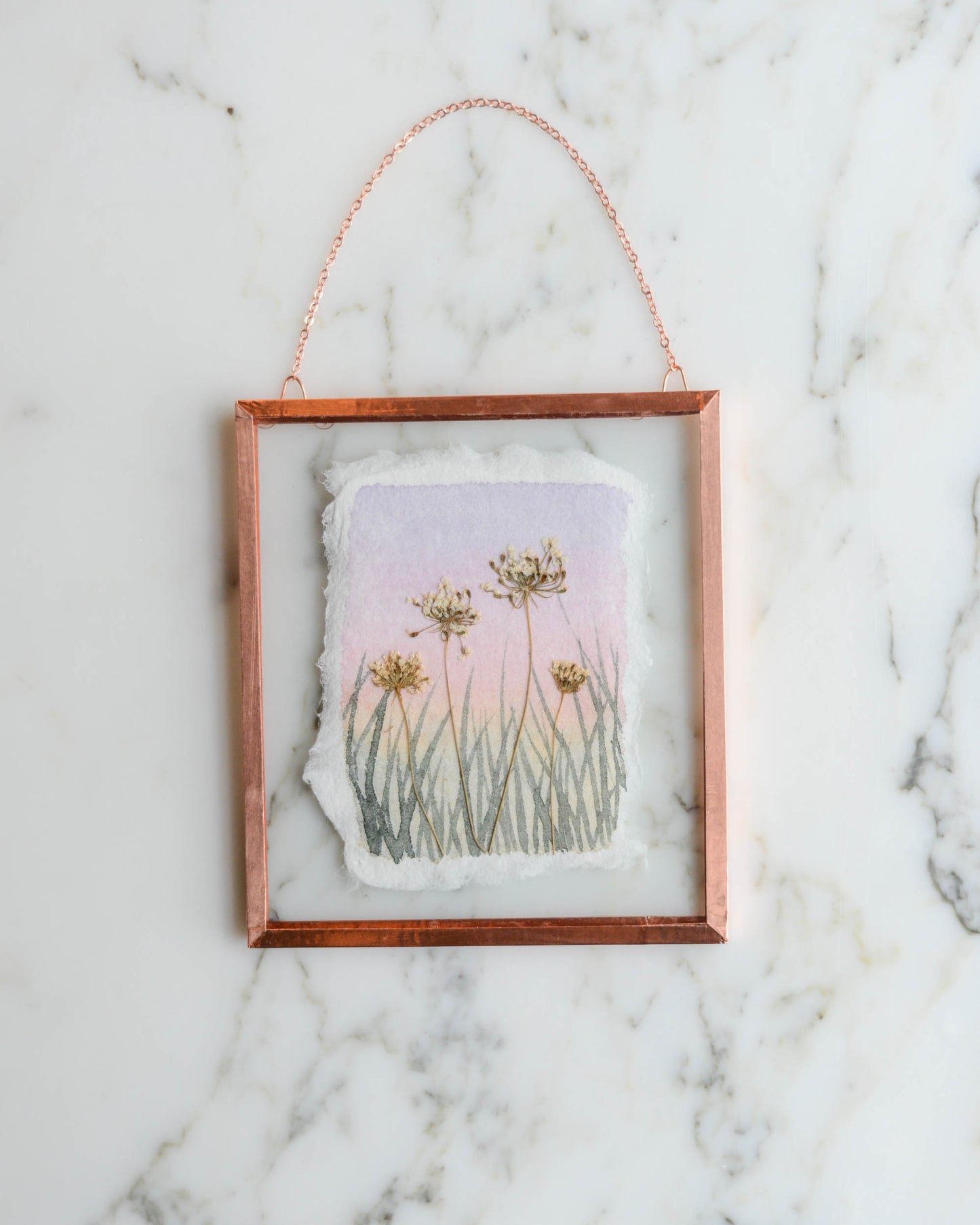 Wildflower Sky - Real Pressed Flowers Mixed Media Artwork in Medium Glass and Copper Wall Hanging