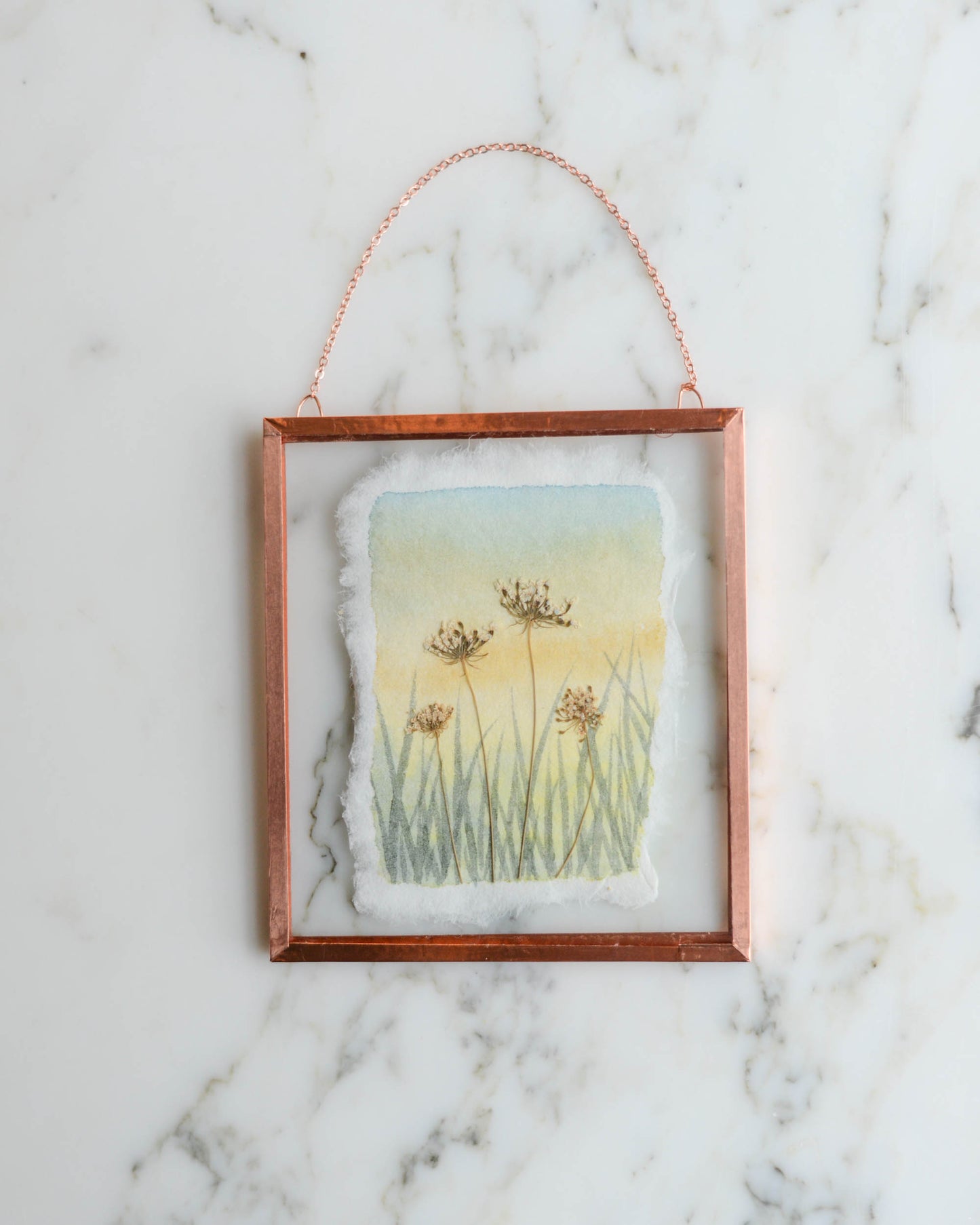 Wildflower Sky - Real Pressed Flowers Mixed Media Artwork in Medium Glass and Copper Wall Hanging