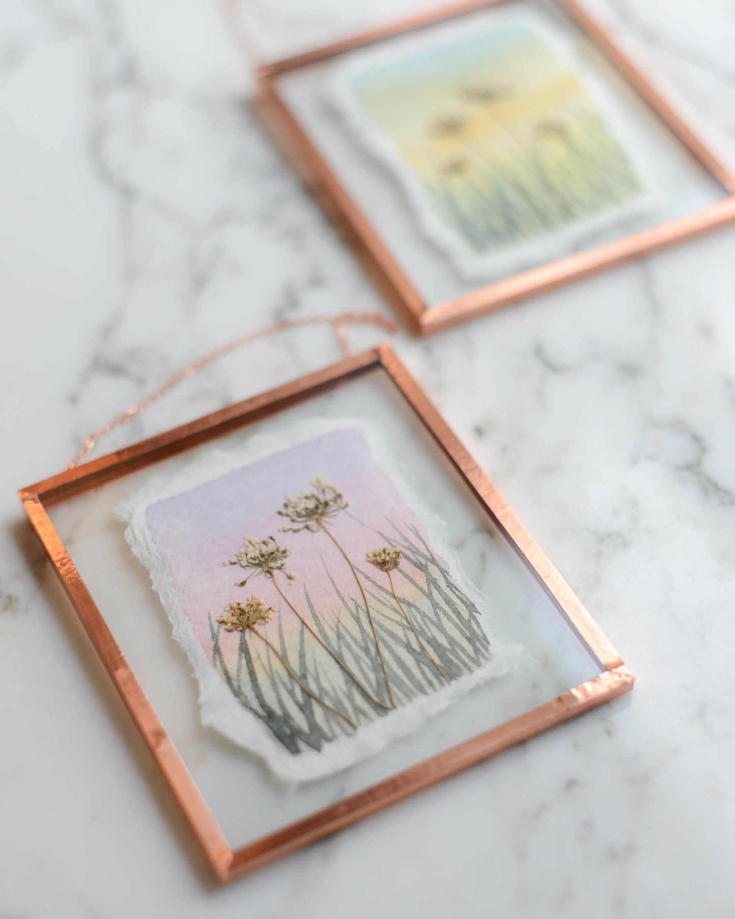 Wildflower Sky - Real Pressed Flowers Mixed Media Artwork in Medium Glass and Copper Wall Hanging