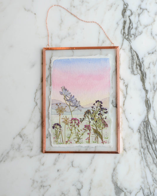 Cotton Candy Sunset - Watercolor in Medium Glass and Copper Wall Hanging