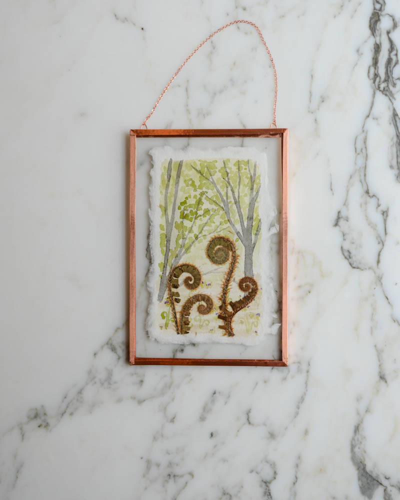 Unfurling: Fiddlehead Forest - Watercolor in Medium Glass and Copper Wall Hanging