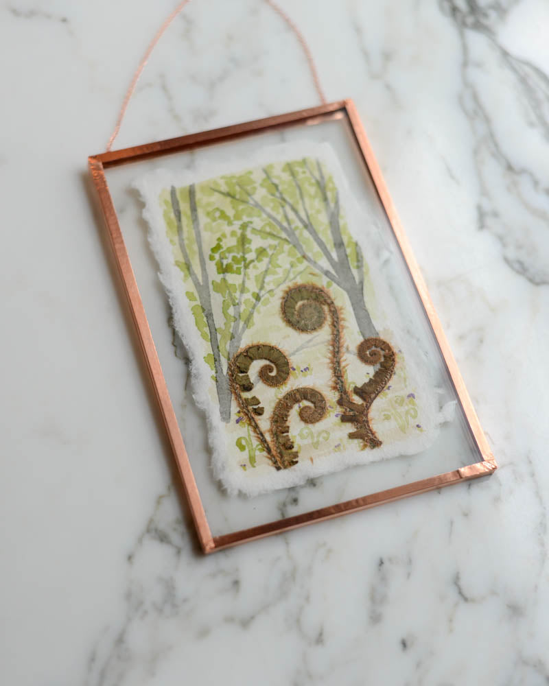 Unfurling: Fiddlehead Forest - Watercolor in Medium Glass and Copper Wall Hanging