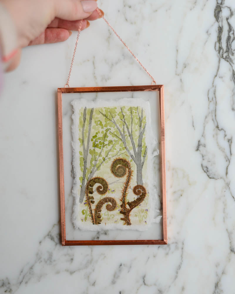 Unfurling: Fiddlehead Forest - Watercolor in Medium Glass and Copper Wall Hanging