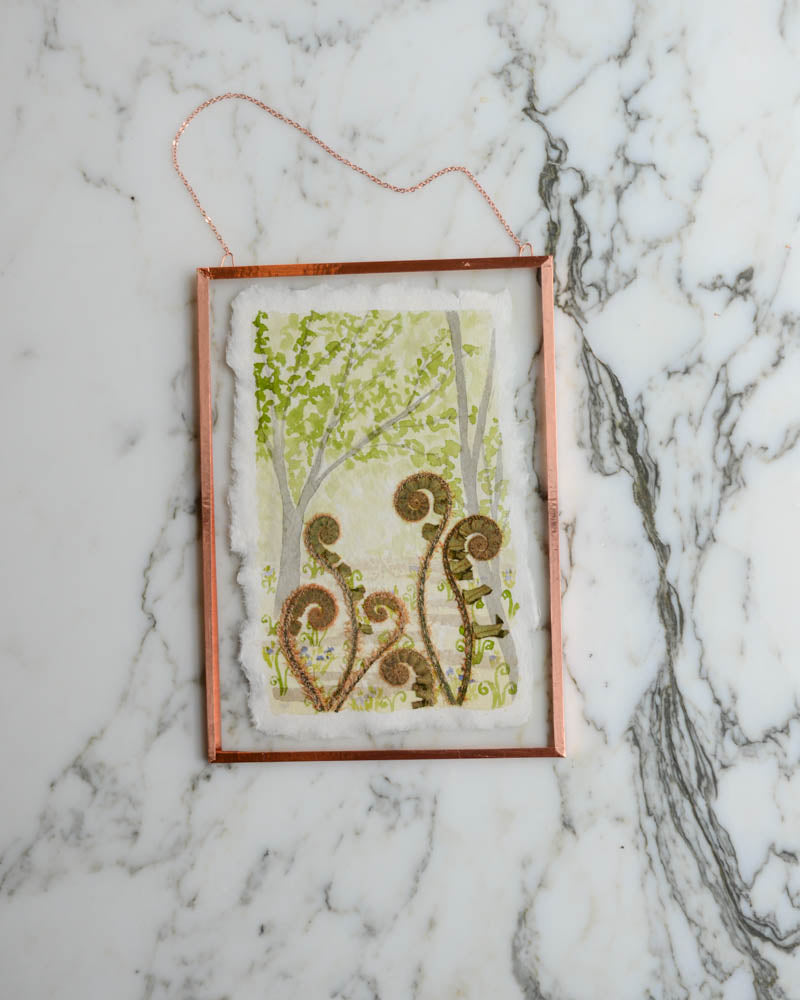 Unfurling: Fiddlehead Forest - Watercolor in Medium Glass and Copper Wall Hanging
