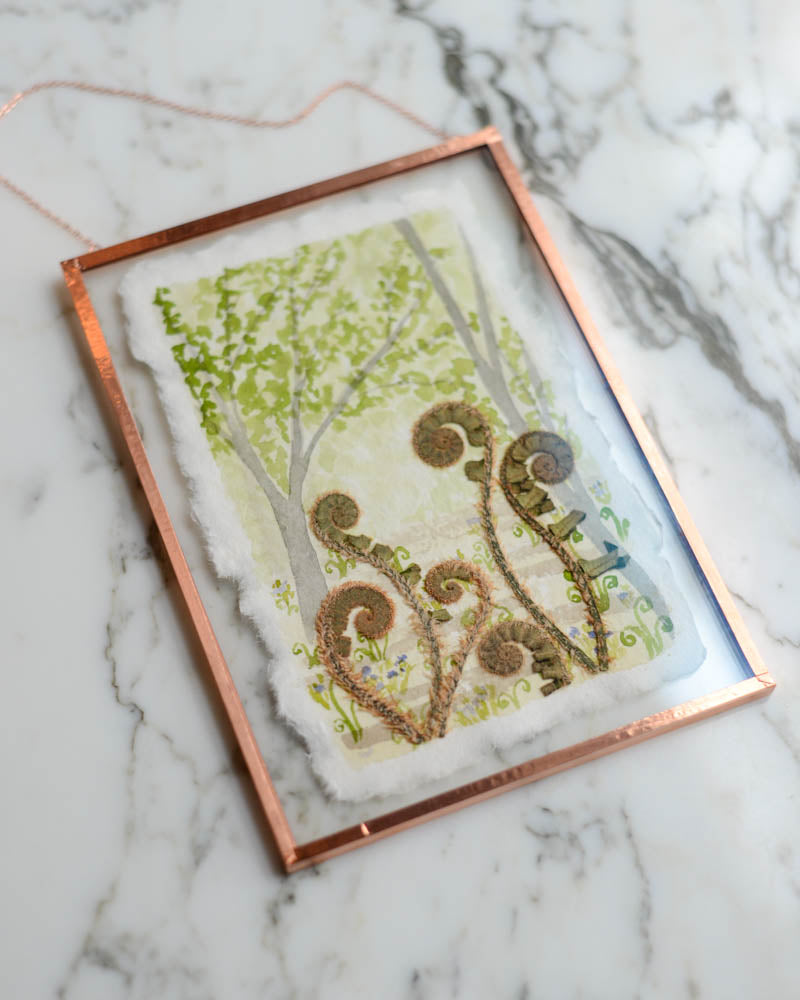 Unfurling: Fiddlehead Forest - Watercolor in Medium Glass and Copper Wall Hanging