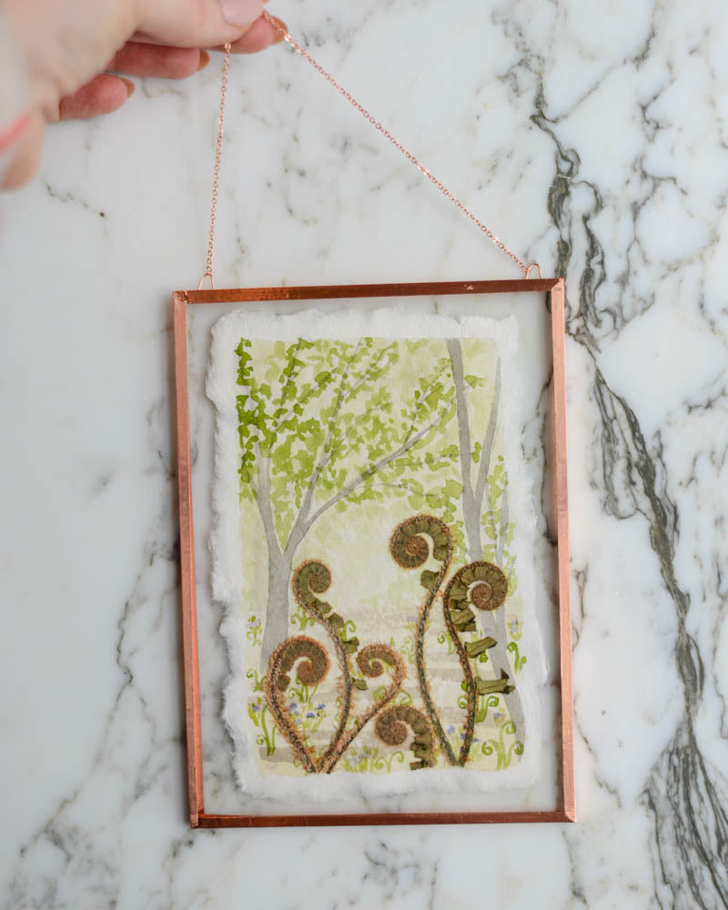 Unfurling: Fiddlehead Forest - Watercolor in Medium Glass and Copper Wall Hanging