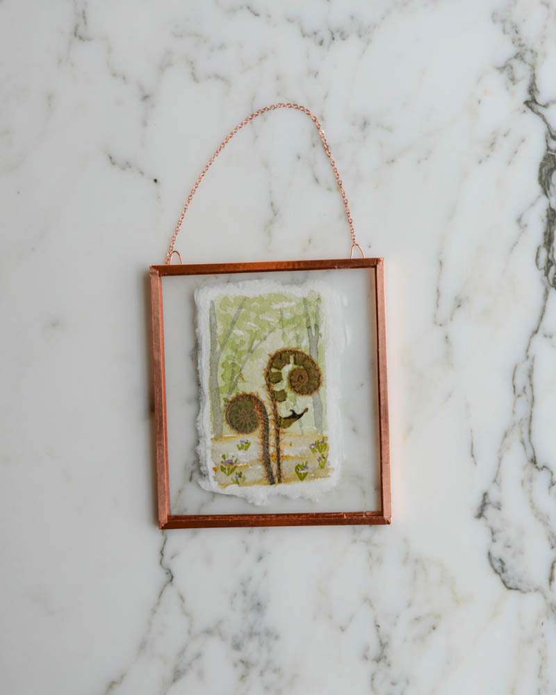 Unfurling: Fiddlehead Forest - Watercolor in Small Glass and Copper Wall Hanging