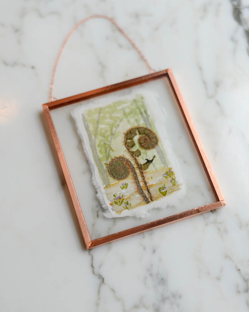 Unfurling: Fiddlehead Forest - Watercolor in Small Glass and Copper Wall Hanging