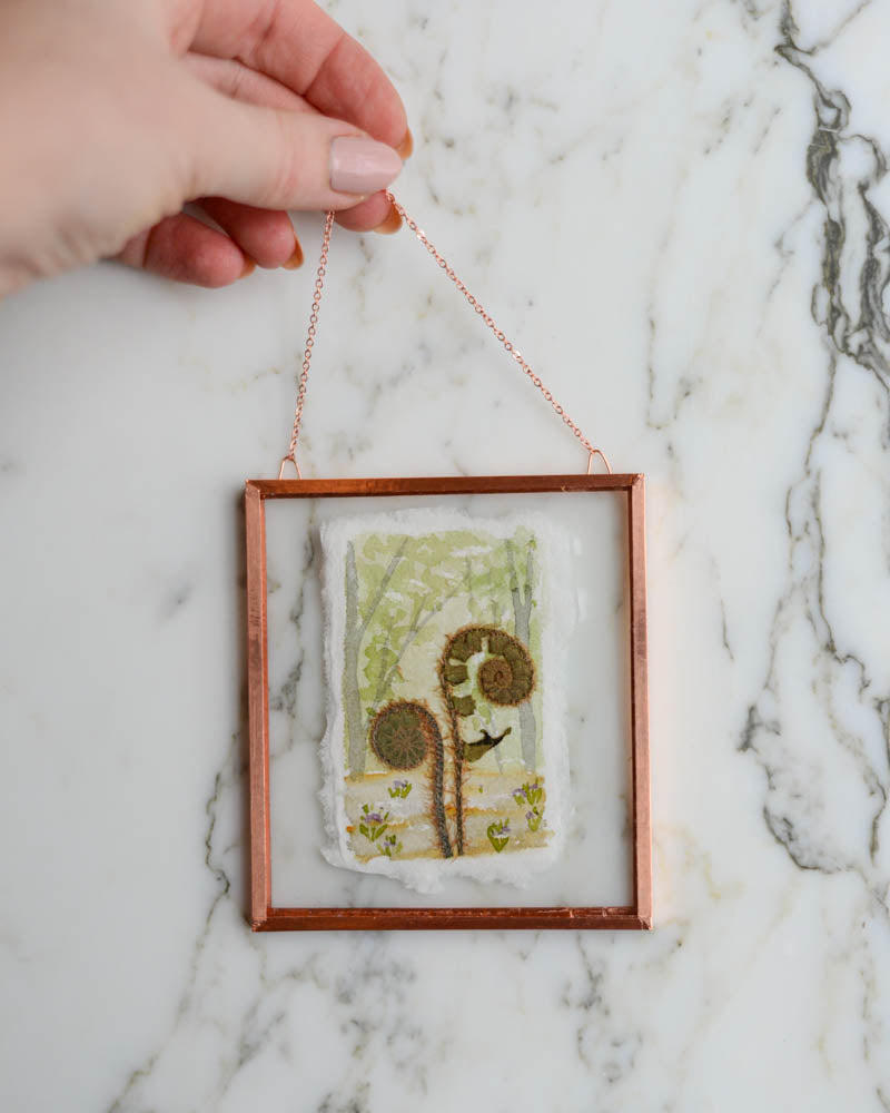 Unfurling: Fiddlehead Forest - Watercolor in Small Glass and Copper Wall Hanging