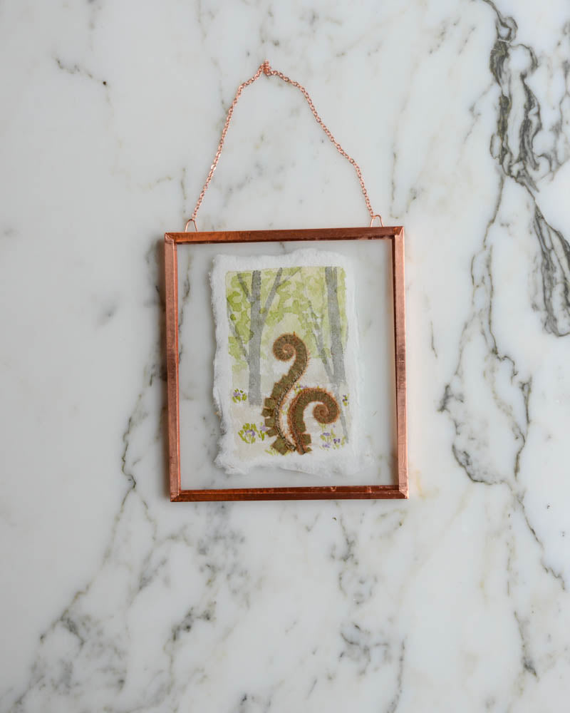 Unfurling: Fiddlehead Forest - Watercolor in Small Glass and Copper Wall Hanging
